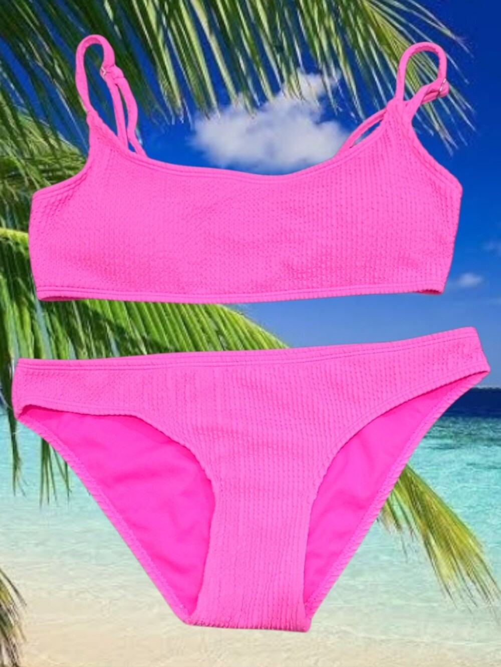 Cabana Del Sol Ladies Neon Pink Crinkled Textured Bikini Two-piece Swimsuit